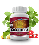 MAXIBILOBA (GINKGO BILOBA) - MEDICAMENTO HERBOLARIO. Frasco muestra con hojas en segundo plano.