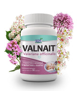 VALNAIT - MEDICAMENTO HERBOLARIO, Valeriana officinalis. Frasco muestra con flores de valeriana en segundo plano.