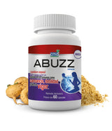 Abuzz - Remedio Herbolario. Lepidium meyenii, Maca.. Imagen del producto con maca de fondo. Remedio para el cansancio, debilidad y falta de vigor.