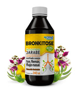 BRONKITOSE MIELIMÓN-SAZ - REMEDIO HERBOLARIO. Eucalipto, Gordolobo, Saúco, Buganvilia y Maltitol. Imagen del frasco con plantas y flores en segundo plano.