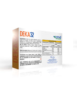 DEKA 32 - SUPLEMENTO ALIMENTICIO. Capsulas con Vitamina D3 + Vitamina K2 + Aceite de semilla de linaza. Caja con información de tabla nutrimental.