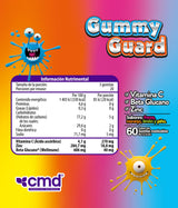 GUMMY GUARD - SUPLEMENTO ALIMENTICIO, Vitamina C, Beta Glucano y Zinc. Frasco muestra con información de tabla nutrimental.