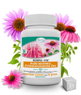 Productos REGRIPAX + VYM - MEDICAMENTO HERBOLARIO, Ácido ascórbico, Echinacea purpurea y Zinc. Frasco muestra con flores y el símbolo de Zinc en segundo plano.