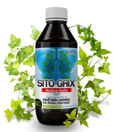 SITO-GRIX - MEDICAMENTO HERBOLARIO, Hedera helix. Frasco muestra con hojas de hedera helix. en segundo plano.