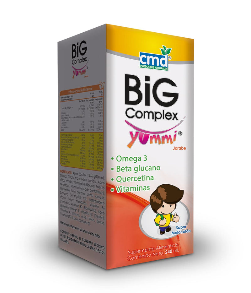 BIG COMPLEX YUMMI Omega 3 Beta glucano Quercetina y Vitaminas Jarabe infantil con 240 ml sabor Durazno. - Biofarma