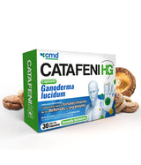 CATAFENI HG - REMEDIO HERBOLARIO. Caja de producto con hongos ganoderma lucidum en segundo plano.