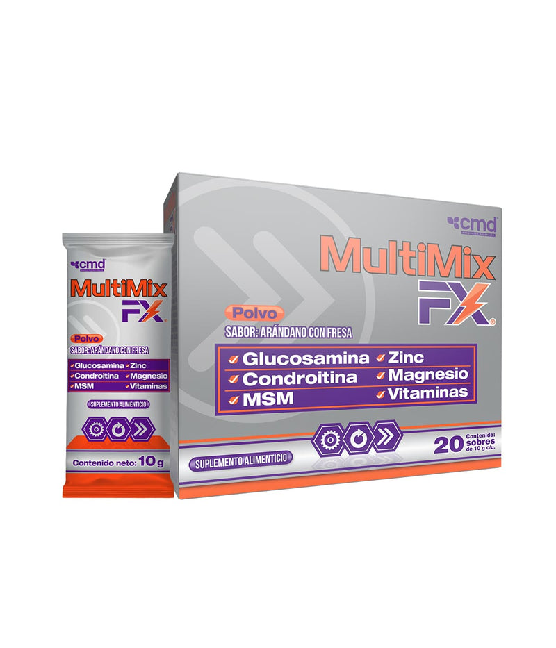 MULTIMIX FX - SUPLEMENTO ALIMENTICIO, Glucosamina, Condroitina, MSM, Zinc, Magnesio y Vitaminas. Imagen muestra de caja y sobre de producto.