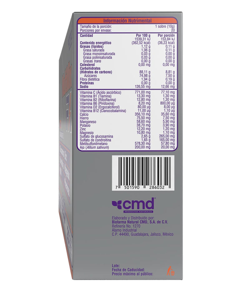 MULTIMIX FX - SUPLEMENTO ALIMENTICIO, Glucosamina, Condroitina, MSM, Zinc, Magnesio y Vitaminas. Imagen muestra de caja con tabla nutrimetal.