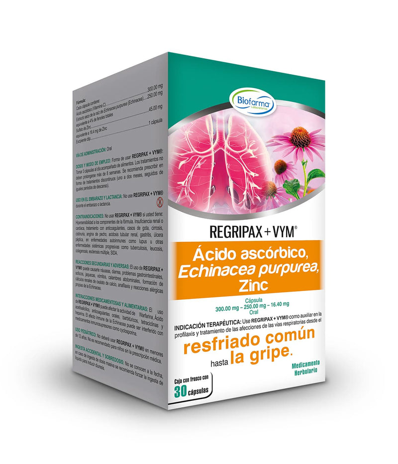 REGRIPAX + VYM Vitamina C, Echinacea purpurea y Zinc con 30 cápsulas. - Biofarma