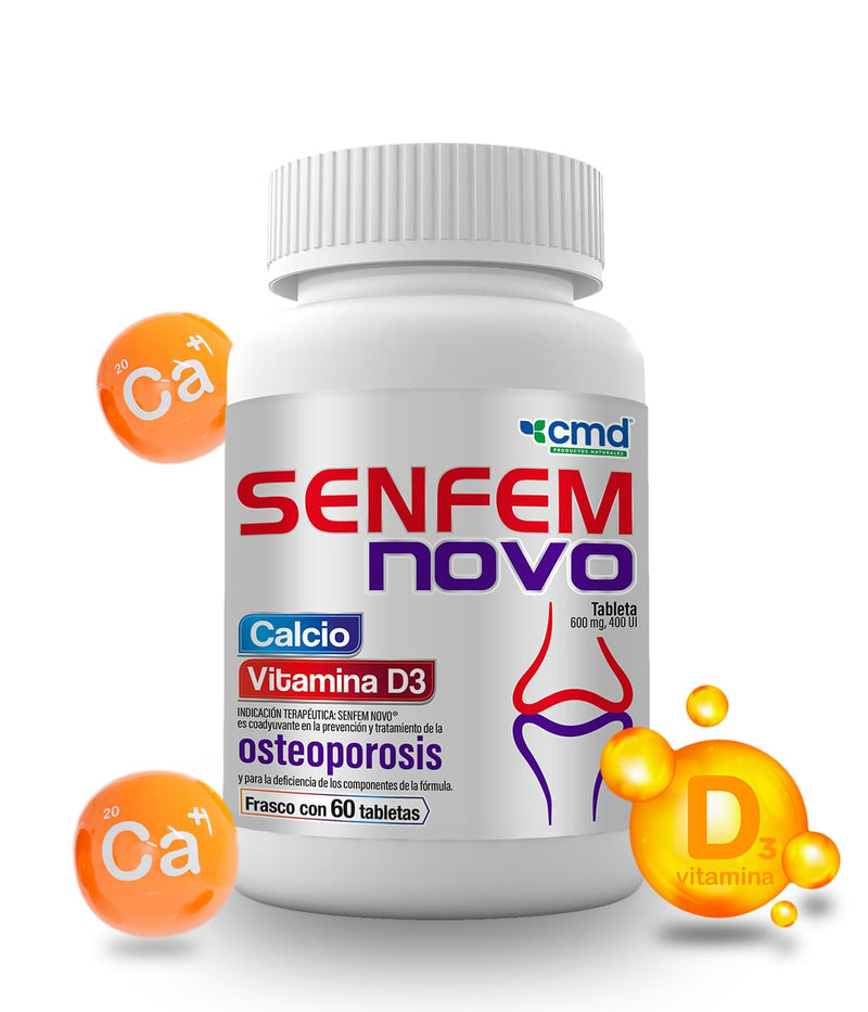 SENFEM NOVO - MEDICAMENTO VITAMÍNICO, Calcio y vitamina D3. frasco muestra con símbolos de los componentes de la formula.