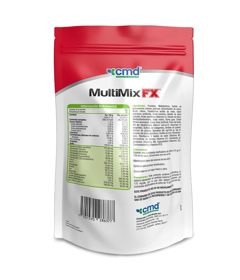 MULTIMIX FX - SUPLEMENTO ALIMENTICIO, Glucosamina, Condroitina, MSM, Zinc, Magnesio y Vitaminas. Imagen muestra de bolsa de producto con información nutrimental.