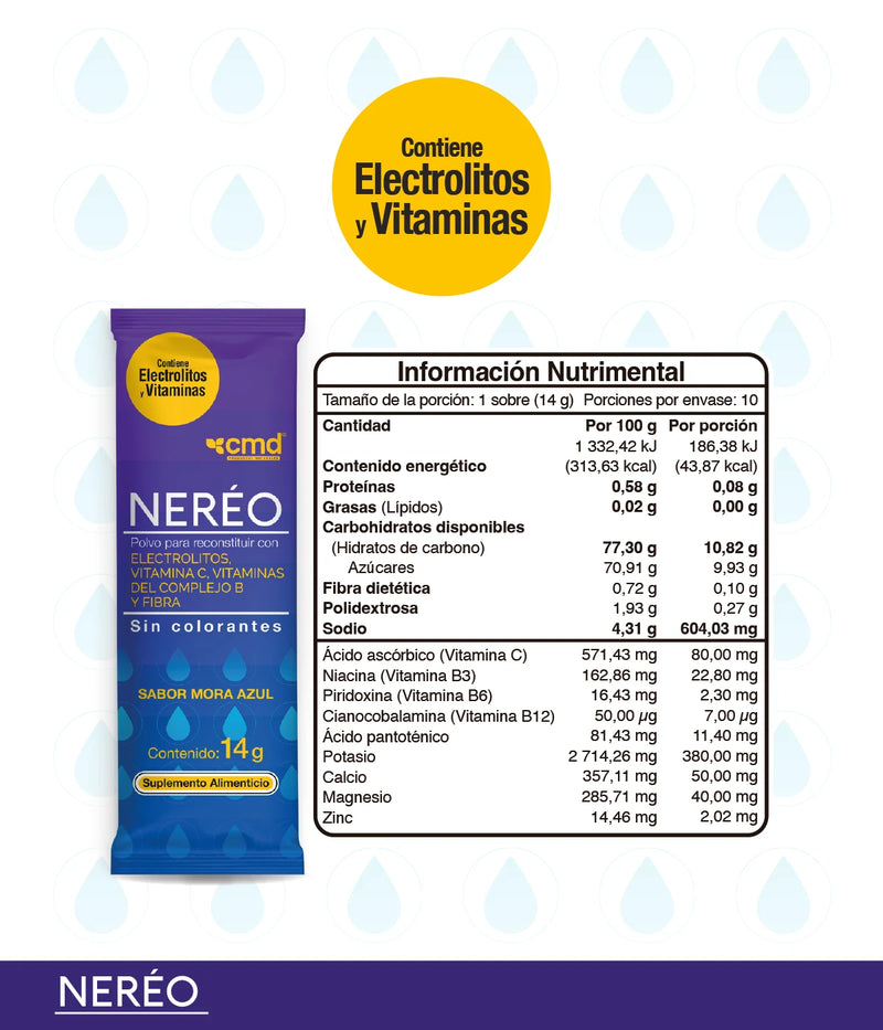 Electrolitos con Vitamina C, Vitaminas del complejo B y fibra, suplemento con 8 iones esenciales sabor mora azul.