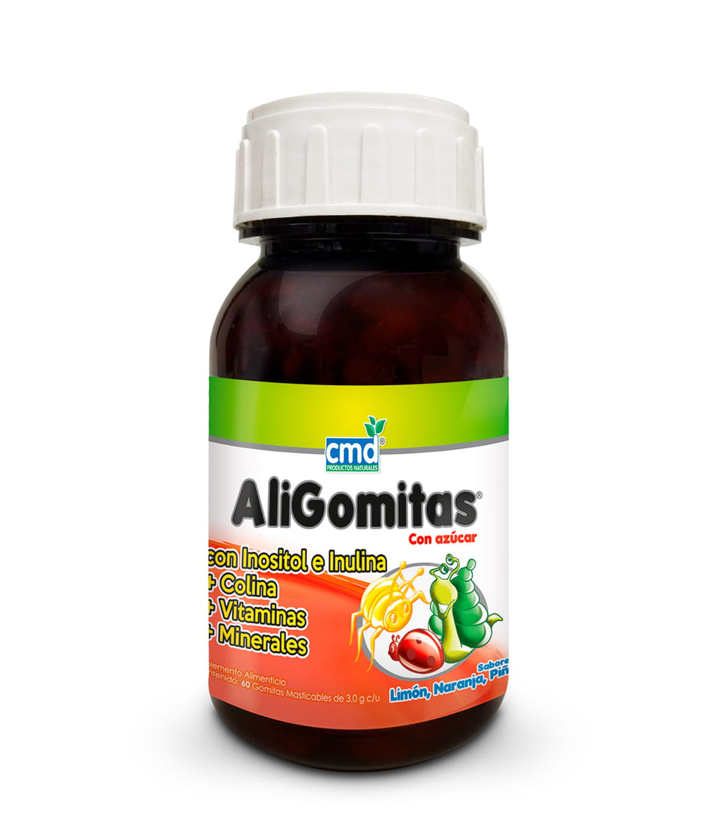 ALIGOMITAS Inositol, Inulina, Colina, Vitaminas y minerales con 60 gomitas  masticables sabor Limón, Naranja y Piña infantil.