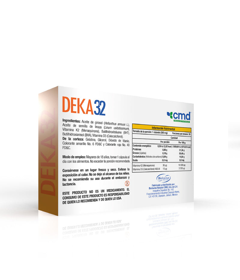 DEKA 32 - SUPLEMENTO ALIMENTICIO. Capsulas con Vitamina D3 + Vitamina K2 + Aceite de semilla de linaza. Caja con información de tabla nutrimental. 