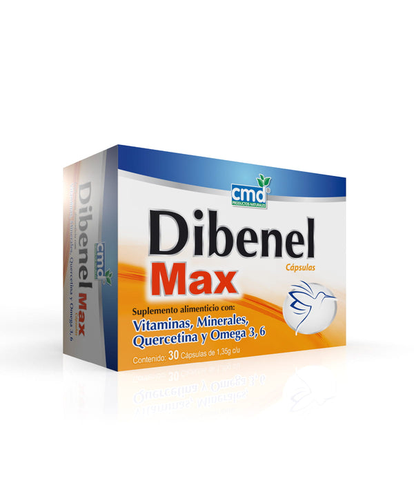 DIBENEL MAX - SUPLEMENTO ALIMENTICIO. Vitaminas Minerales Quercetina y Omegas 3 y 6. Caja de producto muestra.