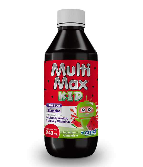 MULTIMAX KID- SUPLEMENTO ALIMENTICIO, Lisina, Inositol, calcio y Vitaminas. Imagen muestra de frasco. 