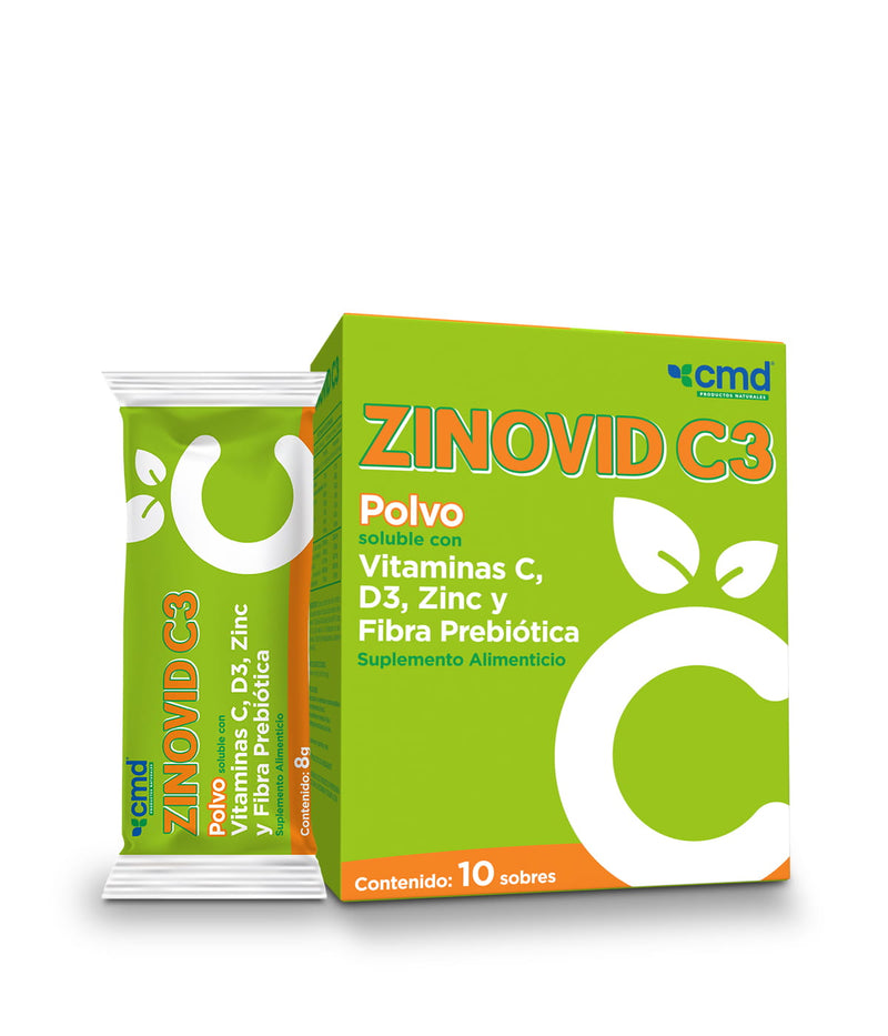 ZINOVID C3 (POLVO) - SUPLEMENTO ALIMENTICIO, Vitamina C, vitamina D3 y Zinc. Imagen de caja y sobre muestra de producto. 