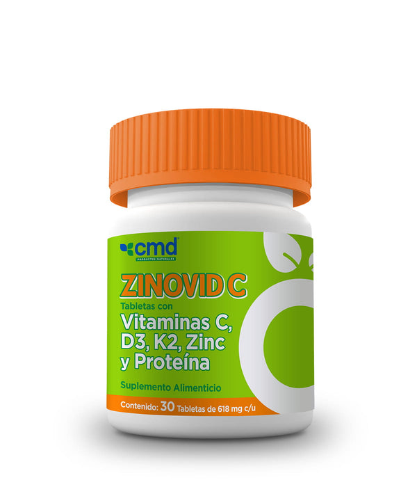 ZINOVID-C, Vitamina C Vitamina D3, Vitamina K2 y Zinc - SUPLEMENTO ALIMENTICIO. Imagen de Frasco Muestra. 
